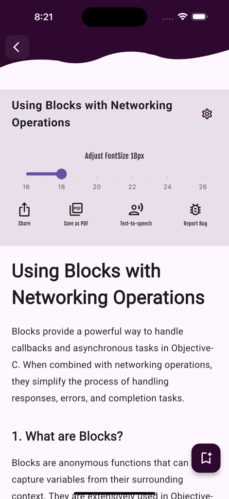 Learn Objective C Programming - Lektionsbildschirm in der Objective-C-Lern-App, der Tutorialinhalte über Blocks und Netzwerke mit Anpassungsoptionen anzeigt
