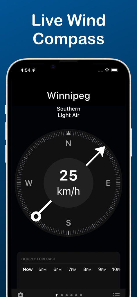 Windometer: Wind Speed Tracker - Windometer 앱 인터페이스는 풍속 및 풍향이 표시된 실시간 바람 나침반을 보여줍니다.