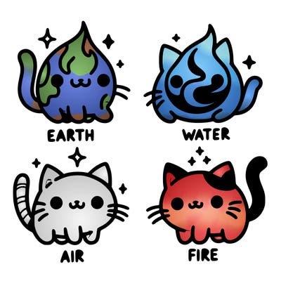 4 cats that represent the different elements, earth, water, air, and fire
