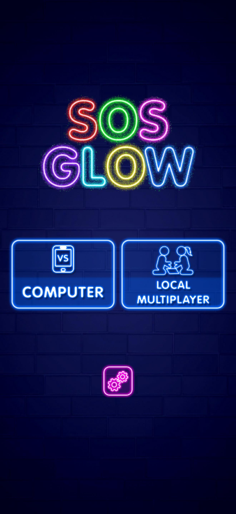 SOS Glow: Offline Multiplayer - Écran d'accueil du jeu SOS Glow avec des options néon pour les modes ordinateur et multijoueur local sur un fond de briques sombres