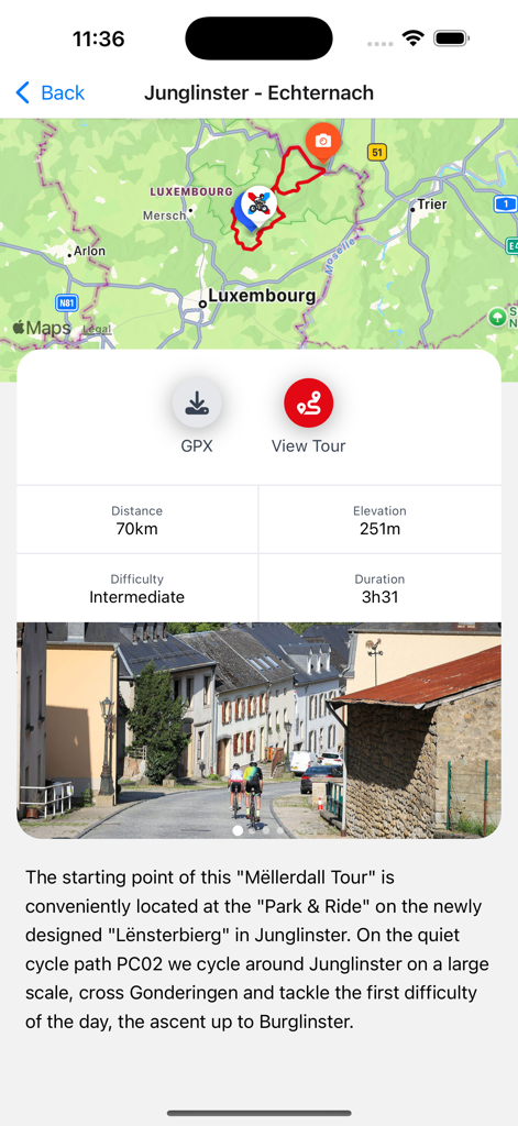LETSBIKE - App ciclistica LETSBIKE che mostra i dettagli del percorso per un tour in Lussemburgo, inclusa la mappa e le statistiche