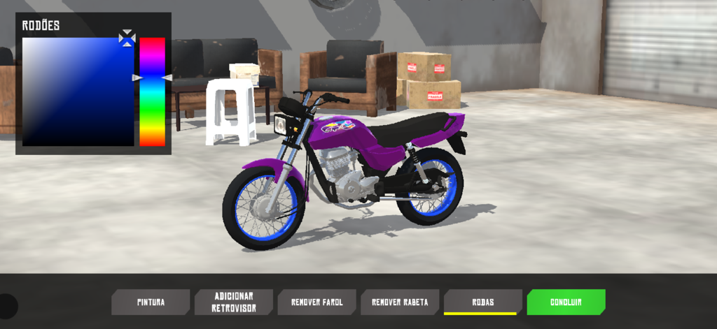 Grau de Motos 3D - Interfaz de garaje de personalización de motocicleta en el juego Grau de Motos 3D mostrando una moto morada y selector de color