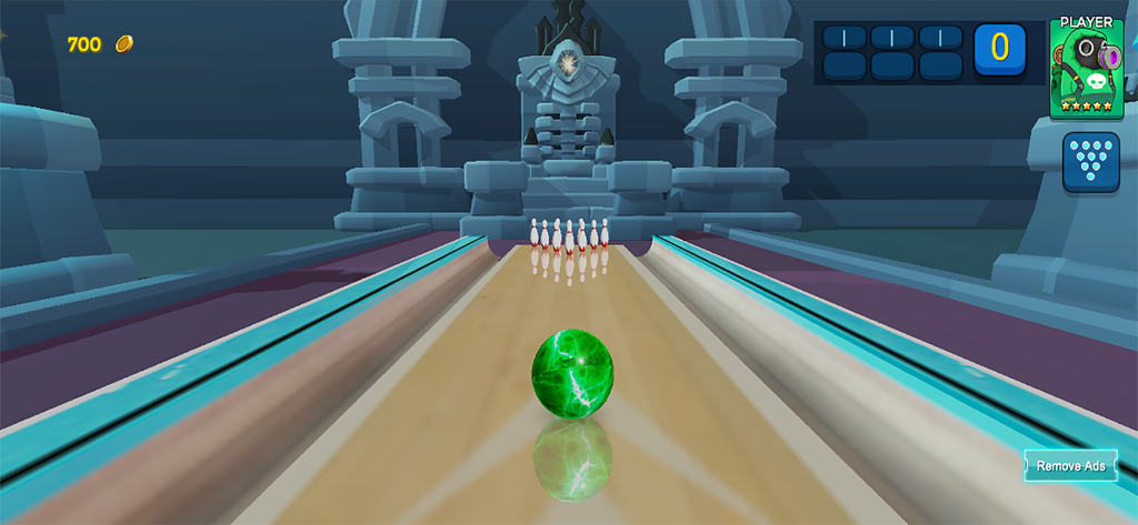 3D Bowling Crazy Bowling Games - Gameplay screenshot of 3D Bowling showing a green energy ball on a lane inside a stone temple environment