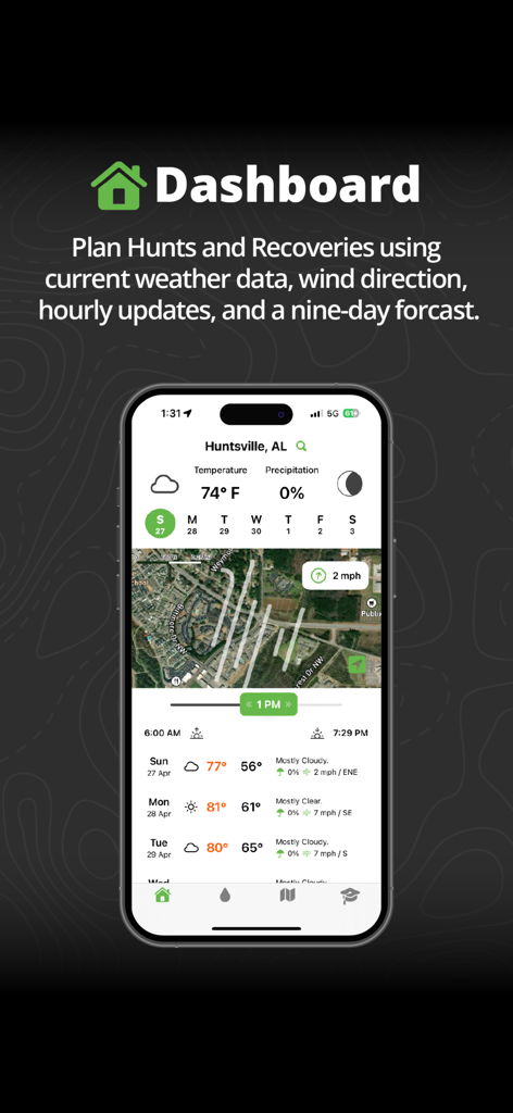 Track N Trail - Hunting & Maps - Track N Trail app dashboard showing hunting weather forecasts and map planning