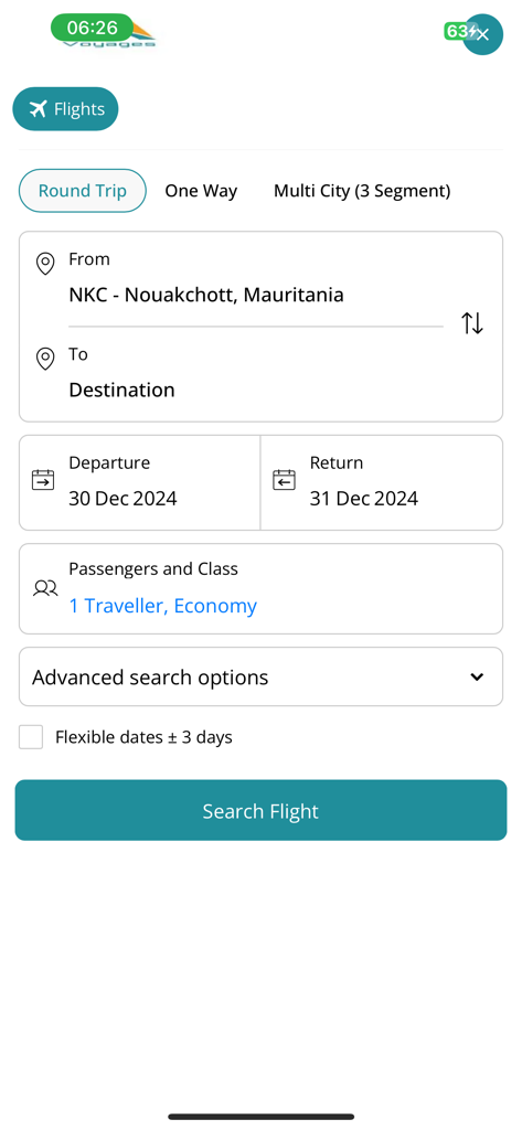 Interfaz de búsqueda de vuelos de HA voyages con opciones para tipo de viaje, destino y fechas.