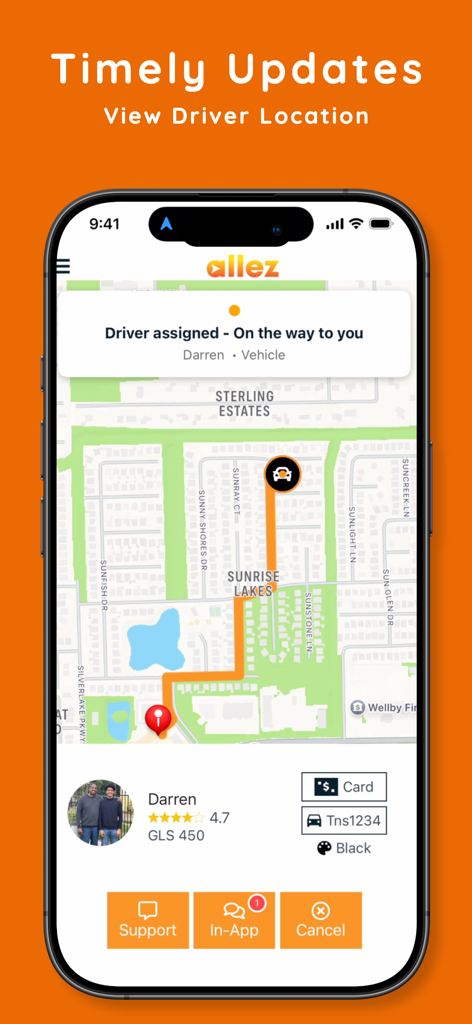 Allez - Mobile app interface of Allez showing real-time driver location on a map with vehicle details for a trip in St. Lucia