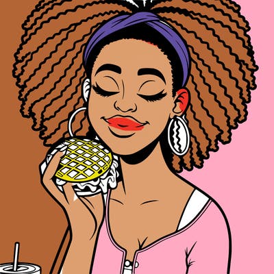 an african american woman eating a waffle burger realistic