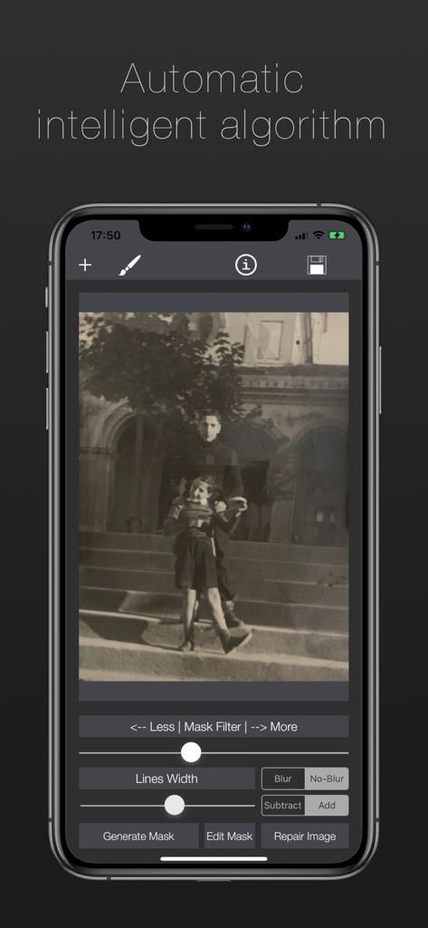 Damaged Photo Restore & Repair - Damaged Photo Restore app interface showing an automatic intelligent algorithm for vintage photo repair