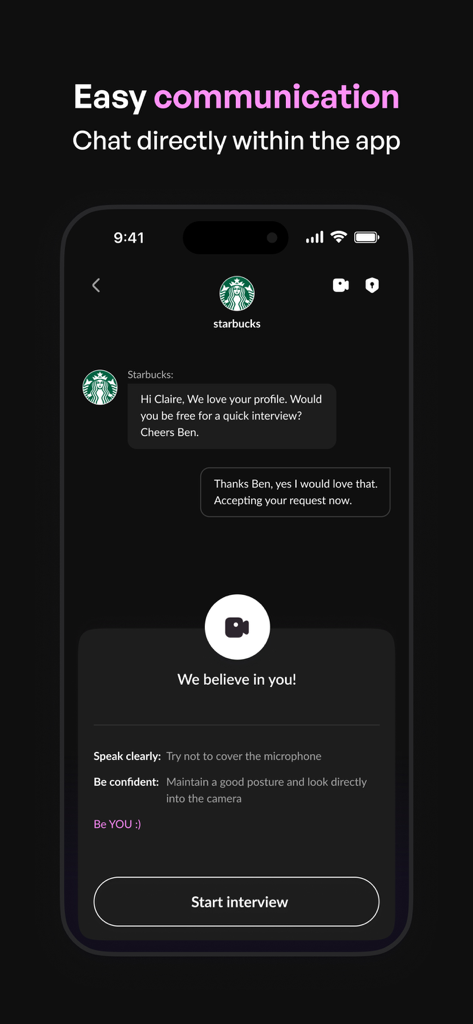 Oberfläche der Getahead-App, die einen direkten Chat mit einem Einstellungsmanager und eine Aufforderung zum Starten eines Videointerviews zeigt