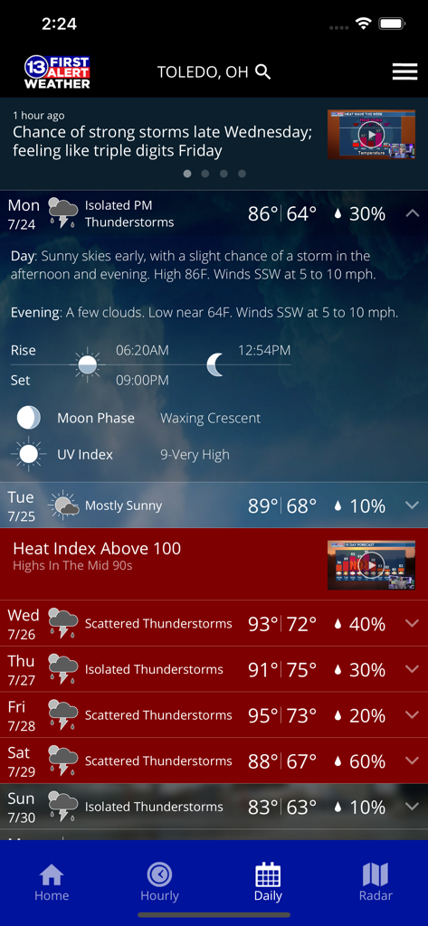 13abc First Alert Weather - 13abc First Alert Weather app screenshot showing the 7 day forecast and a heat index alert for Toledo Ohio