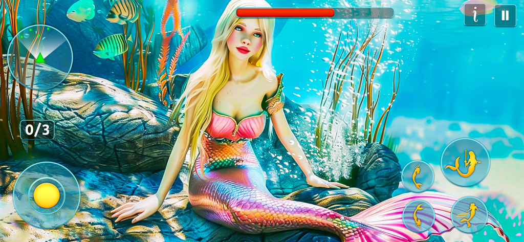 Princess Mermaid Simulator 3D - Uma sereia loira 3D sentada em rochas debaixo d'água com uma interface de jogo e botões de ação