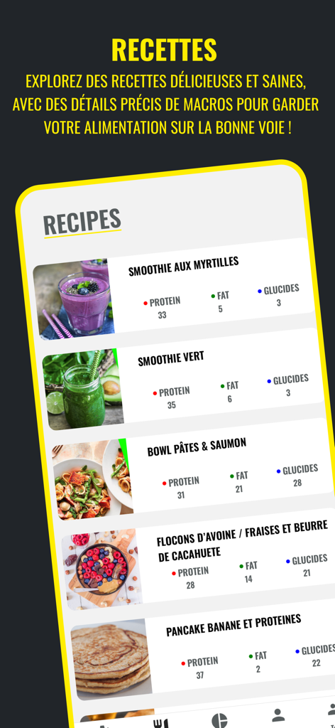 Bildschirm für gesunde Rezepte der 4020-App, der gesunde Mahlzeiten mit detaillierten Makronährstoffen (Protein, Fett, Kohlenhydrate) anzeigt