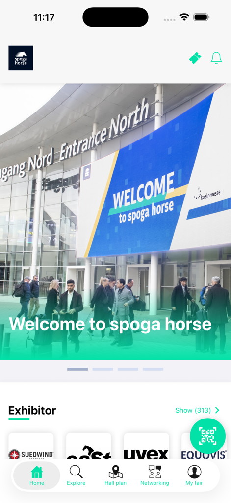 spoga horseアプリのホーム画面。見本市のウェルカムバナーと出展者リストが表示されています。