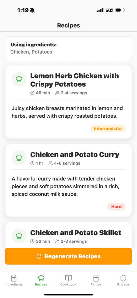 Spachula: ai recipes & pantry - Mobile app interface showing AI generated recipes for chicken and potatoes