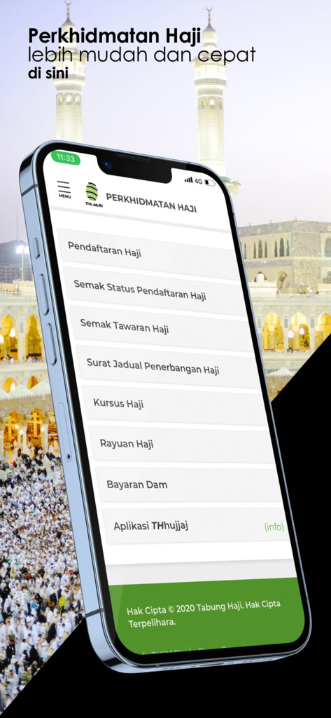 Tabung Haji - A smartphone displaying the Hajj services menu of the Tabung Haji mobile app with the Masjid al Haram in the background.