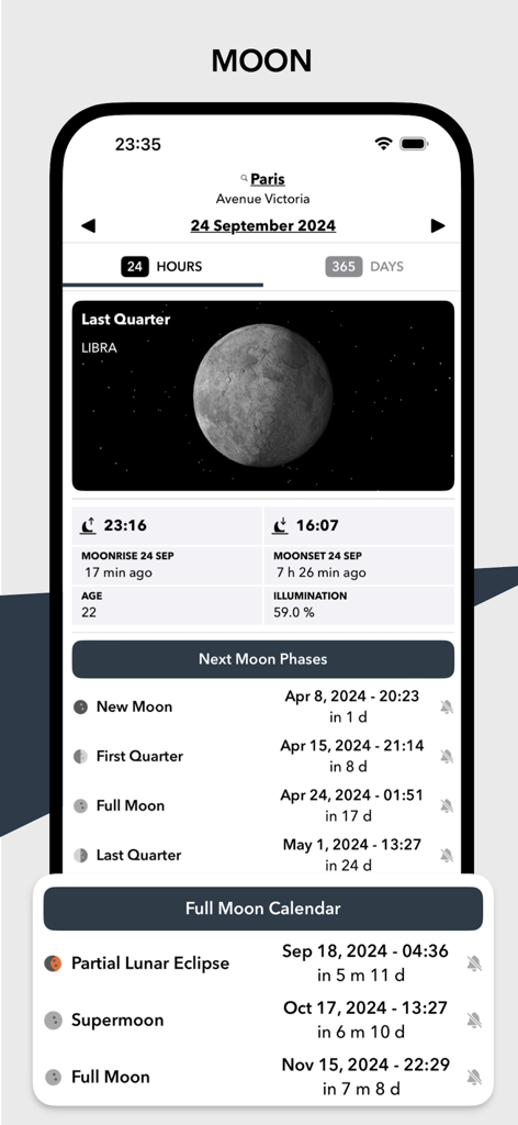 Interface of Solar Watch app displaying detailed moon data, phase cycles, and a lunar calendar.