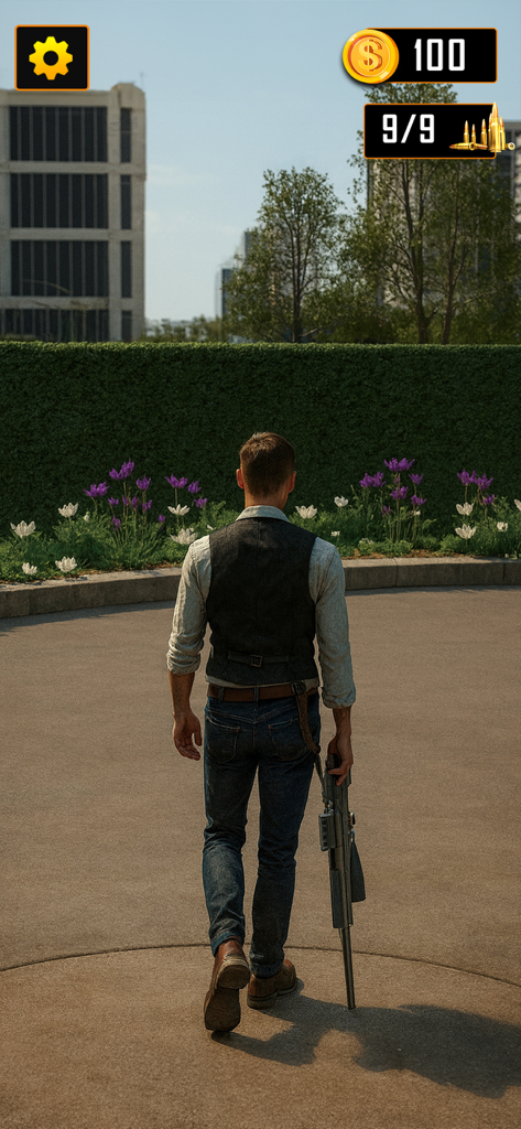 Sniper Shot Gun Shooting Game - Third person view of a sniper character walking with a rifle in an urban garden