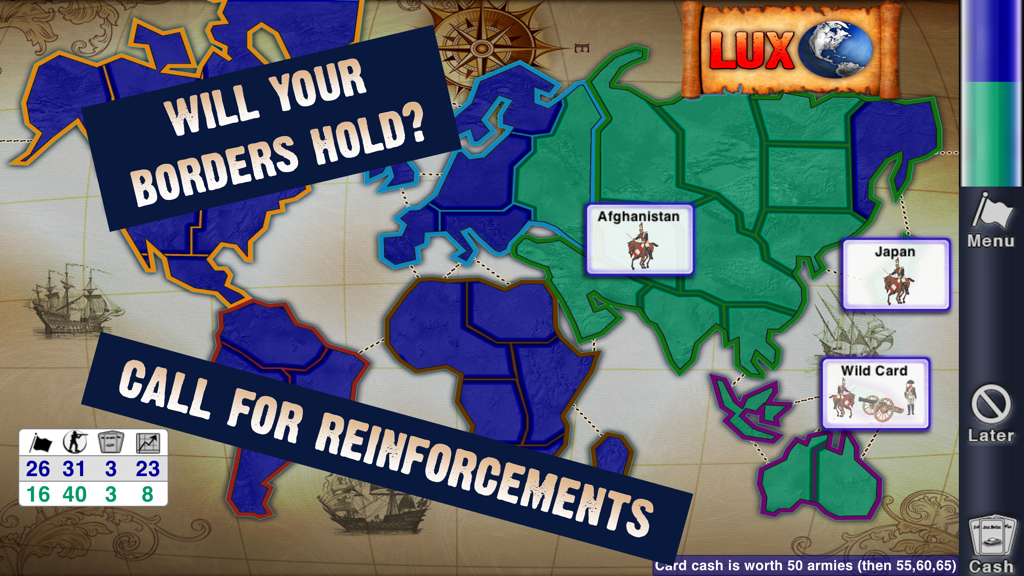 Lux Touch 3 - World Domination - Lux Touch 3 world map strategy gameplay with territory borders and army counts