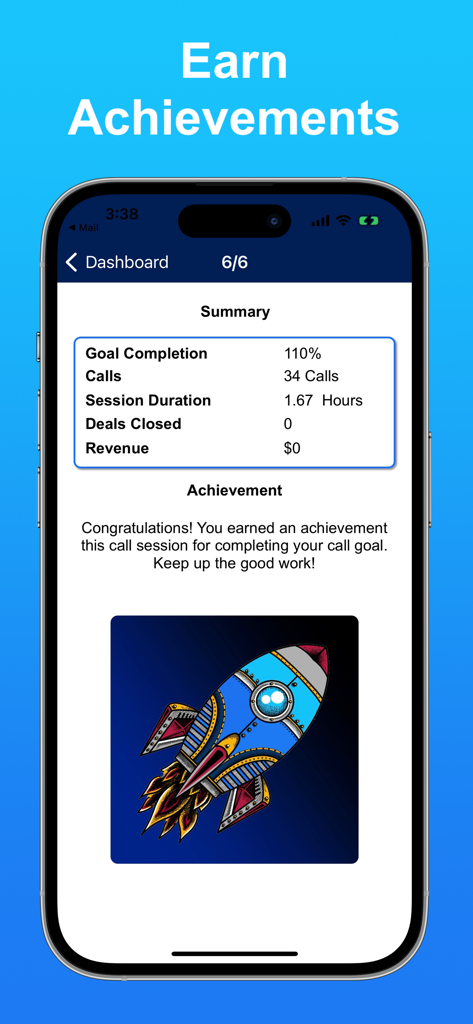 SwiftCall: Auto Dialer & CRM - SwiftCall app dashboard showing call session achievements and a colorful rocket illustration