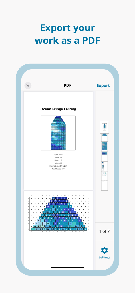 A preview of an earring beading pattern being exported as a PDF in the Loomerly app