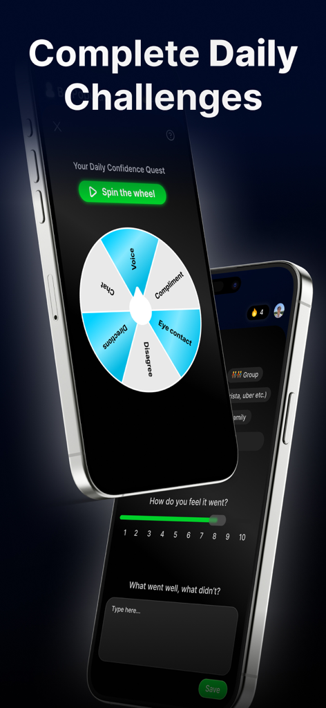 Popular - Charisma Coach - Un smartphone que muestra la aplicación Popular con un juego de ruleta para desafíos sociales diarios y una pantalla de retroalimentación para interacciones sociales.