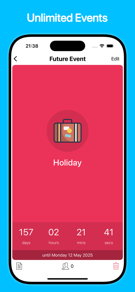 Countdown: Event Countdown - Tela do iPhone mostrando um cronômetro de contagem regressiva de feriado com um ícone de mala e dias restantes