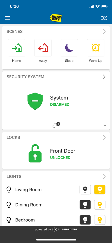 Best Buy Assured Living app interface showing smart home controls for lights locks and security systems