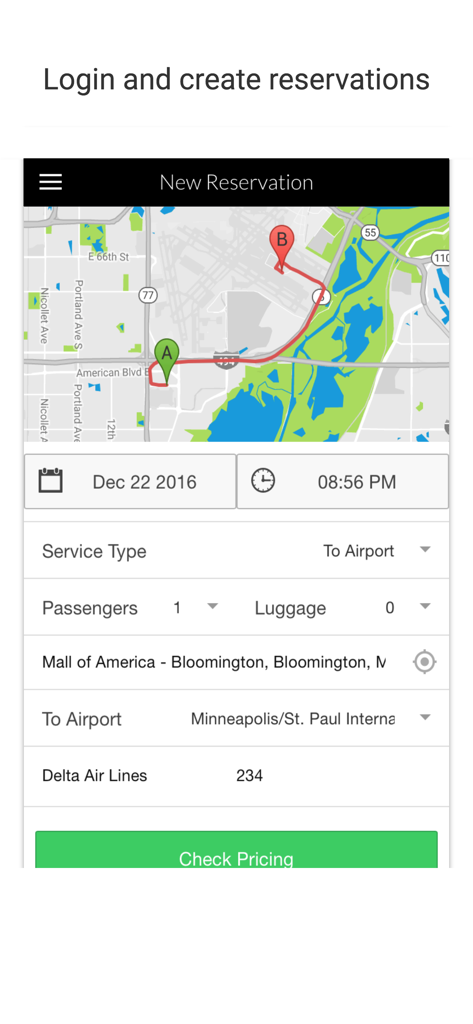 Tela mostrando como criar uma nova reserva de limusine com locais de embarque e desembarque no aplicativo Agendar Viagens Passageiro.
