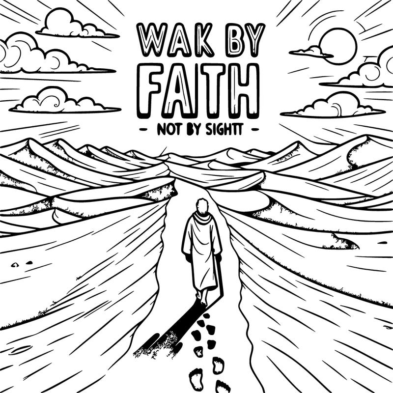 envision a narrow path stretching across a vast desert landscape%2c with towering sand dunes on either side. the hot sun beats down relentlessly%2c casting long shadows across the shifting sands. yet amidst the barren expanse%2c a solitary figure walks confidently forward%2c eyes fixed on the unseen horizon. footprints mark the path behind%2c a testament to the journey of faith. bold hollow letters in the sky proclaim%3a "walk by faith%2c not by sight." - 2 corinthians 5%3a7
