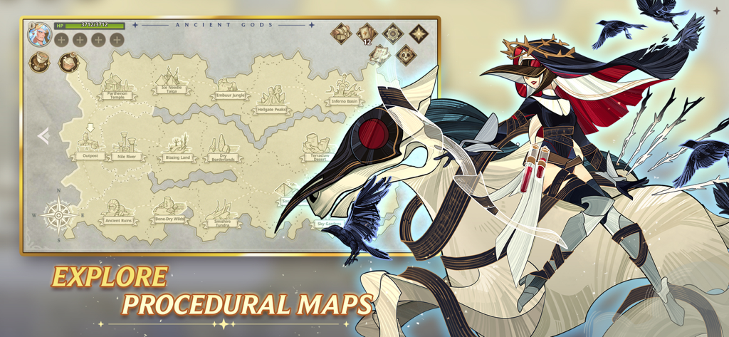 Gameplay screenshot of Ancient Gods Deckbuilding RPG showing the procedural world map and a character on a mechanical mount.