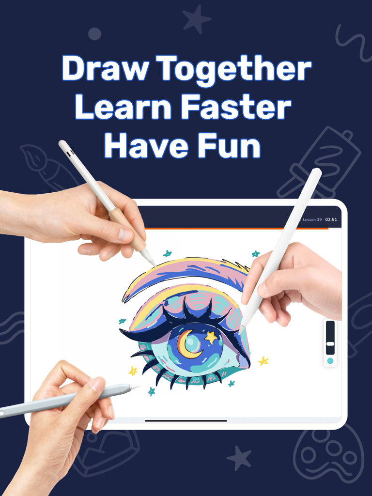 Three people drawing a colorful eye together on an iPad using the Artlexis app