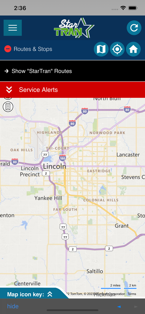 RideLNK - RideLNK app interface showing a map of Lincoln Nebraska with StarTran bus service alerts and route options