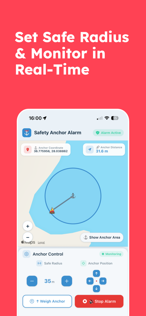 Safety Anchor Alarm - Interface of the Safety Anchor Alarm app showing a boat position within a blue safe radius circle on a map