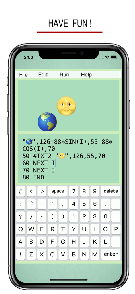 BASIC - Programming Language - 地球と月の絵文字の視覚的な表示とカスタムプログラミングキーボードを備えたBASICコードエディタを示すモバイルアプリのスクリーンショット。