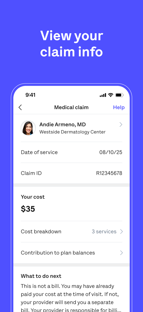 Oscar Health - Oscar Health mobile app screen displaying details of a medical claim including the provider name and the user cost