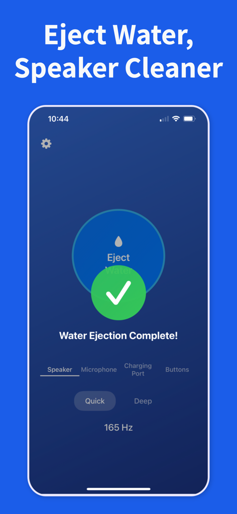 Water Remover, Speaker Cleaner - A smartphone interface showing the successful completion of water ejection from speakers with a green checkmark.