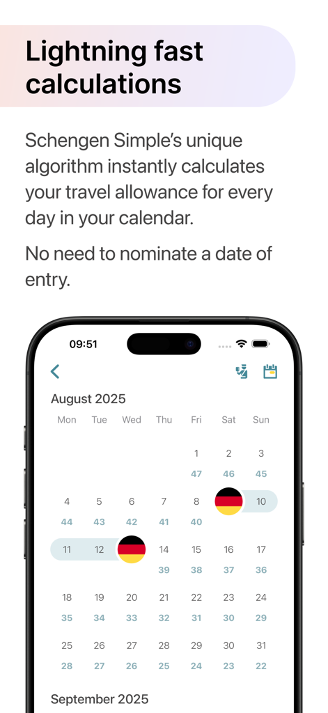 Schengen Simple app screen showing a calendar view with travel allowance calculations and scheduled trips for August 2025
