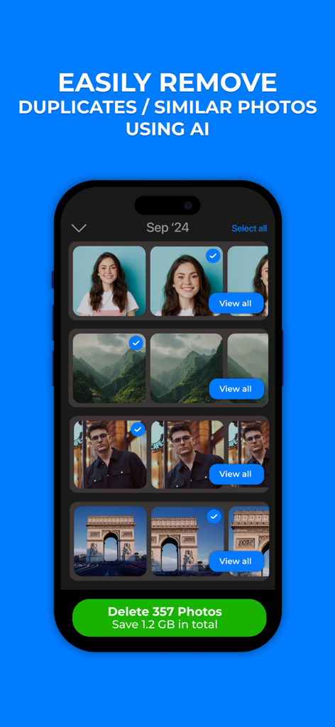 Swipe Photo Cleaner app interface showing AI detection and removal of duplicate photos to save storage space.