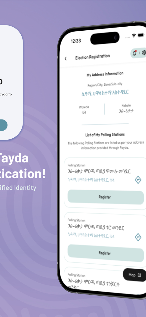 Interface of the Mirchaye app showing the election registration page with polling station list and address details.