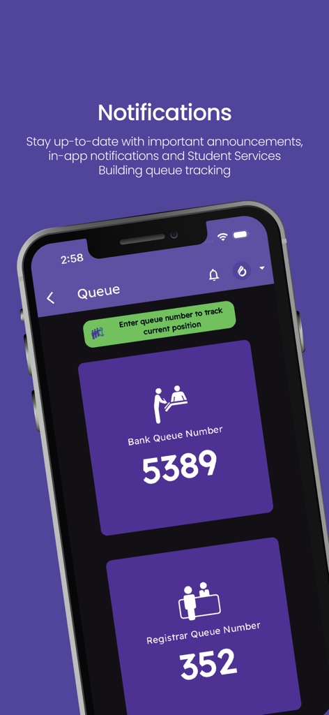 CIU Mobile app interface showing real-time queue tracking for university bank and registrar services in dark mode