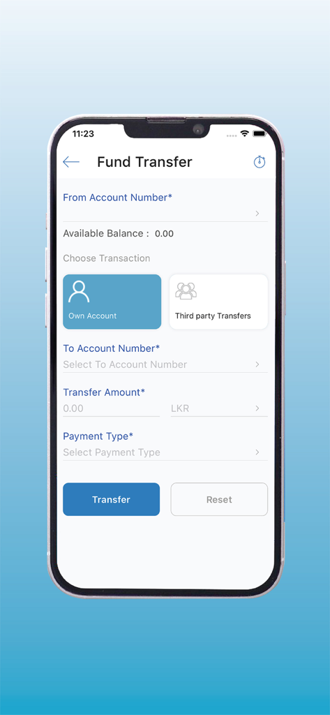 LOLC Realtime - LOLC Realtime mobile app fund transfer interface showing options for account selection and amount in LKR