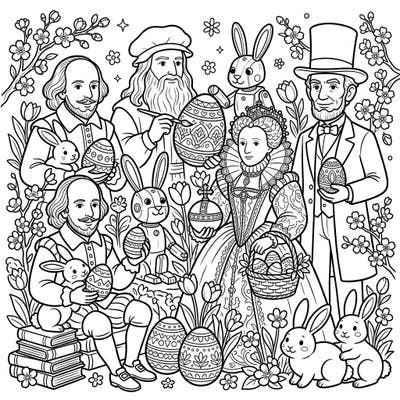 Embark on a unique artistic journey this Easter with a coloring page featuring an unexpected gathering of historical legends. Discover Shakespeare, Da Vinci, Queen Elizabeth I, and Lincoln amidst charming Easter eggs and playful bunnies, ready for your creative touch.