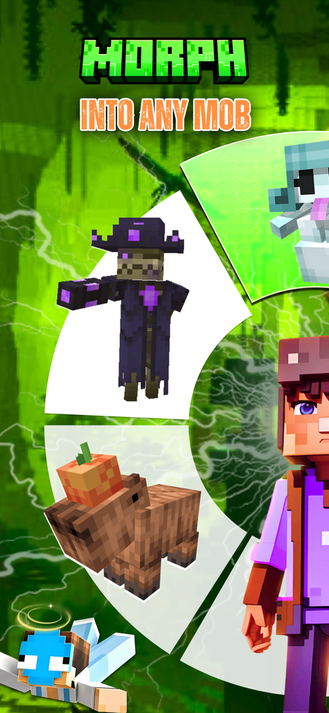 Morph Addons Maker for MCPE - A circular menu in Morph Addons Maker for MCPE displaying different Minecraft mobs for transformation.