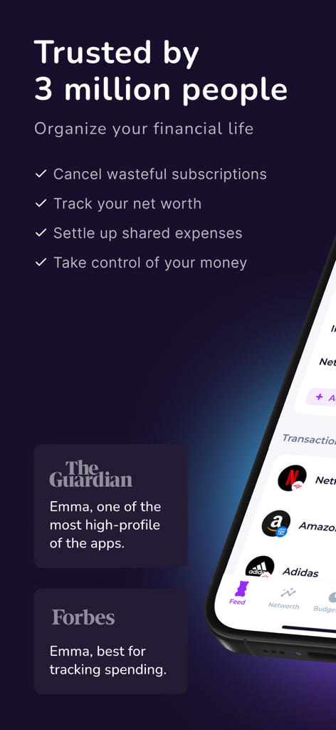 Emma financial app interface highlighting subscription tracking and net worth management