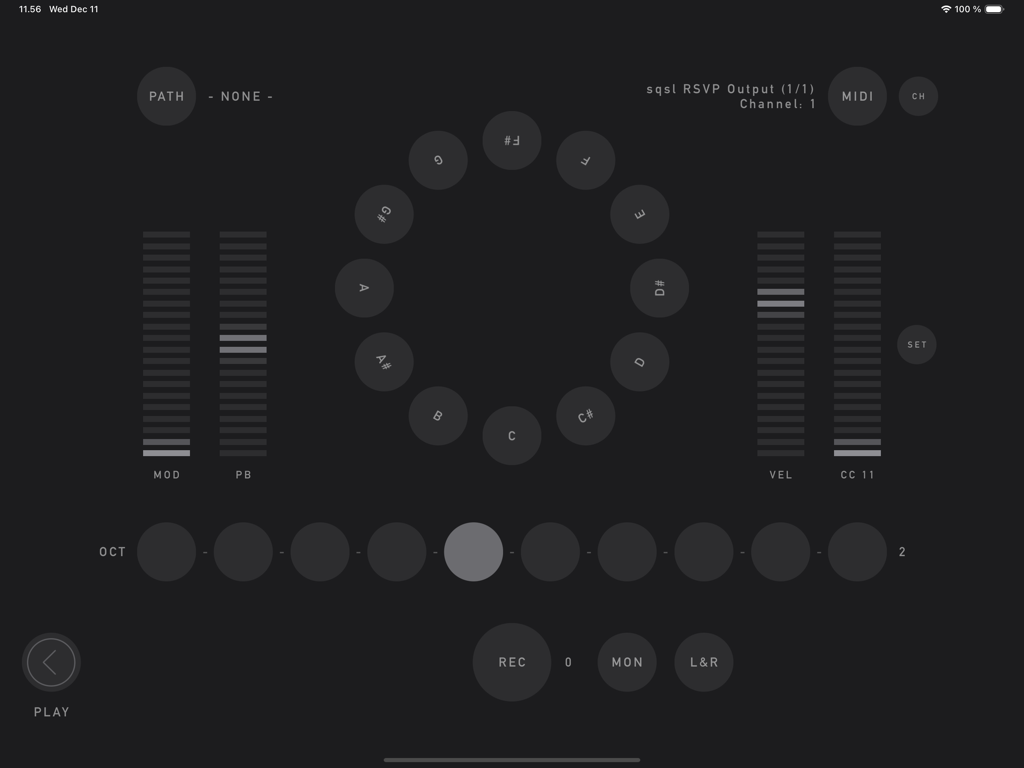 sqsl RSVP - Die RECORD-Seite der sqsl RSVP App mit einem kreisförmigen MIDI-Notenauswahlfeld und Schiebereglern für Modulation und Pitch Bend.