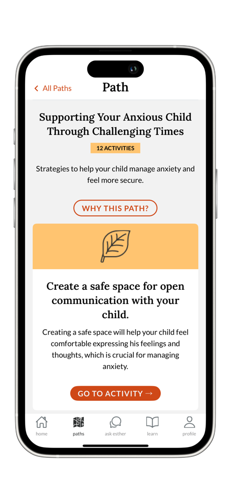 Parenting TRICK - Parenting TRICK app screen for supporting an anxious child through challenging times with activities