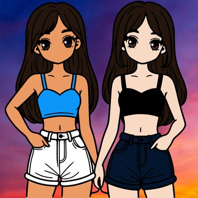 two sisters with crop tops and jean shorts and straight hair