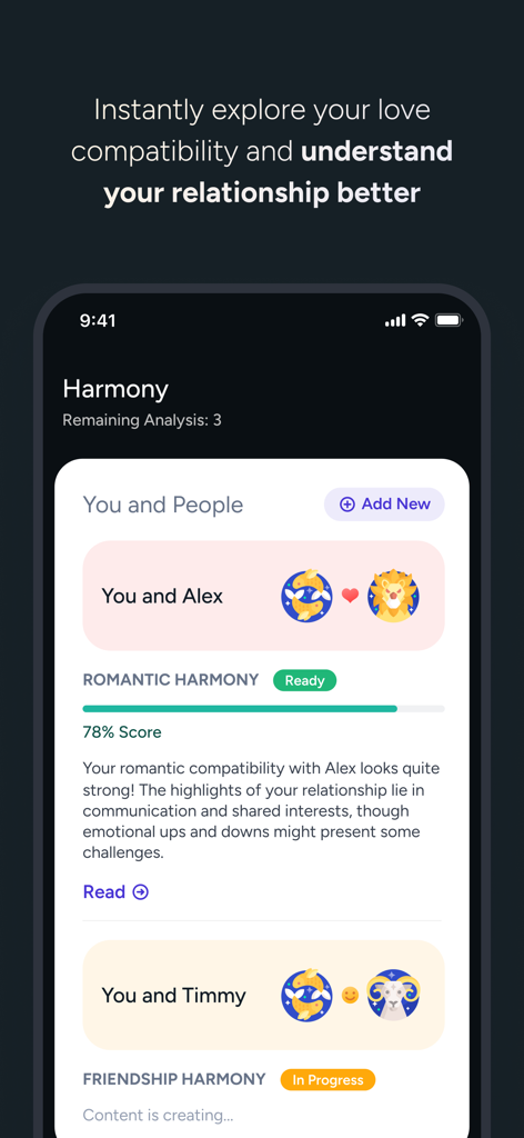 Tela de análise de harmonia de relacionamento no aplicativo de astrologia Stellium mostrando pontuações de compatibilidade e insights românticos entre usuários.