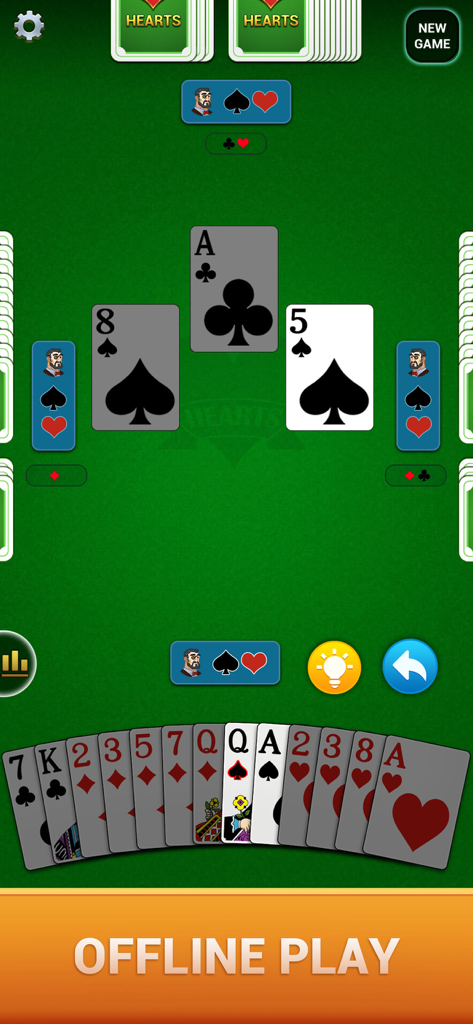 Hearts : Deluxe Card Game - Gameplay screen of Hearts Deluxe Card Game showing large cards and offline play mode on a green table