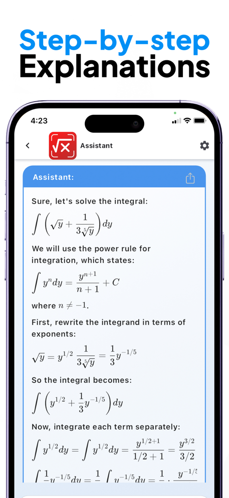 AI Math Solver - MathStar - AI Math Solver app showing a detailed step-by-step calculus integration problem solution